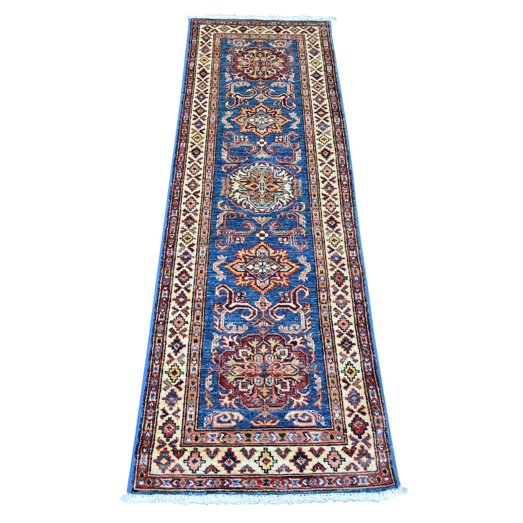 Bayern Blue, Afghan Super Kazak with Tribal Medallions Design, Hand Knotted, Soft and Vibrant Wool, Vegetable Dyes, Narrow Runner, Oriental Rug